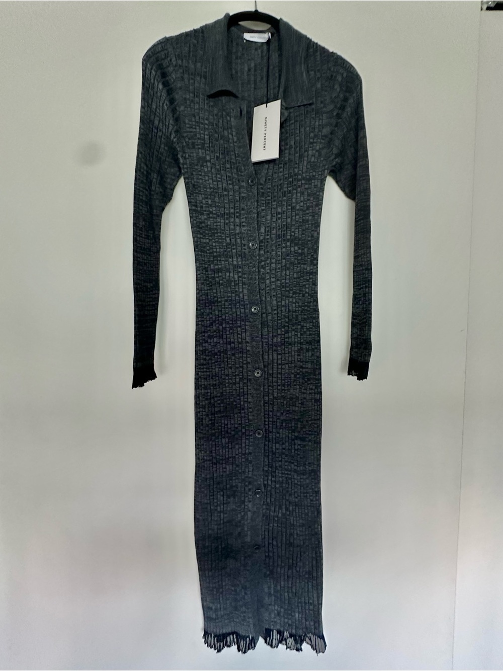 Long Ribbed Button-Front Knit Dress - Gray